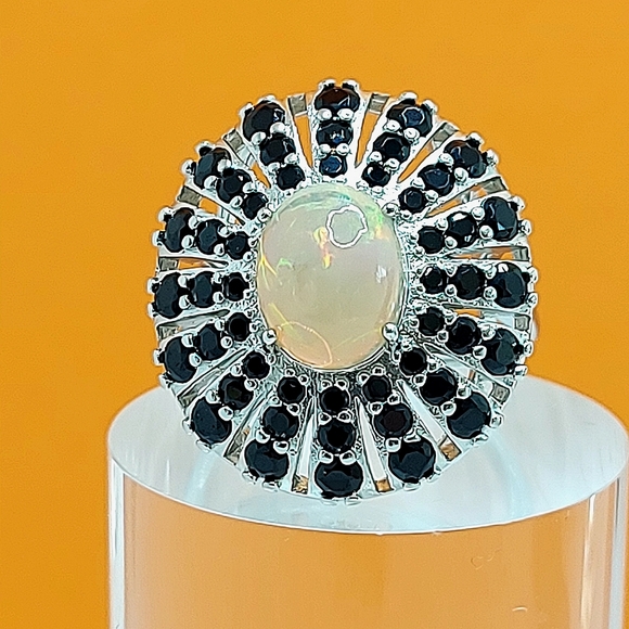 Unheated Oval Fire Opal 10x8mm Black Spinel 925 Sterling Silver Ring SZ 7.25 - Picture 9 of 9
